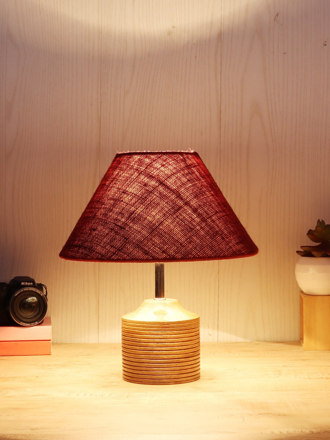 Devansh Maroon & Tan Brown Solid Frustum Wood Table Lamp with Jute Shade