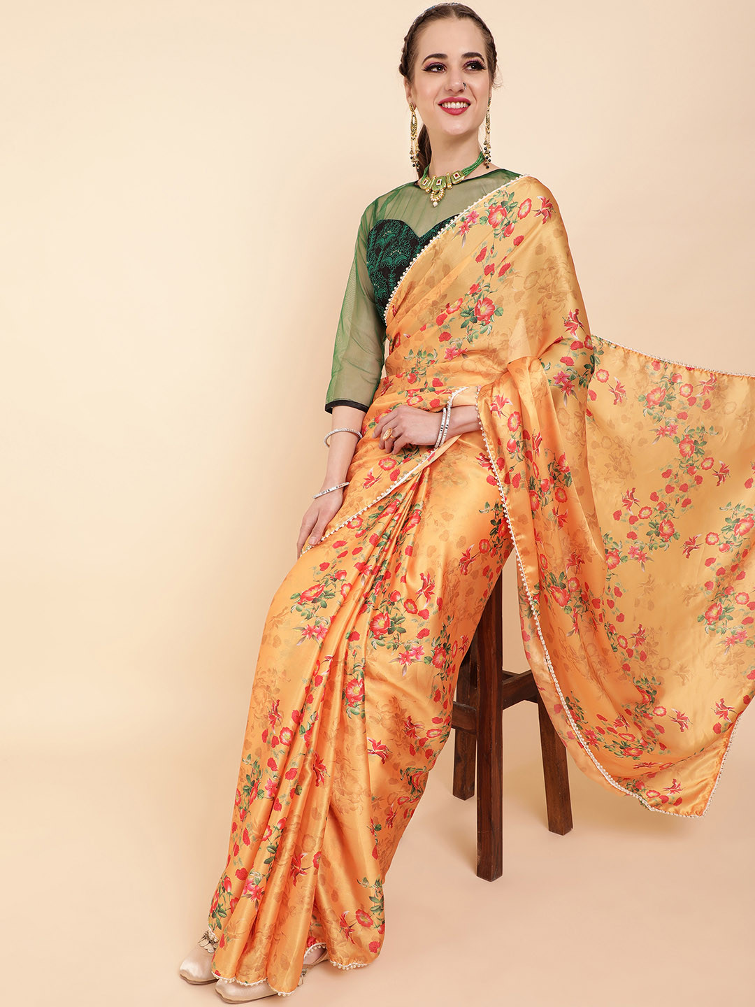 Sangria Mustard Yellow & Red Floral Satin Saree