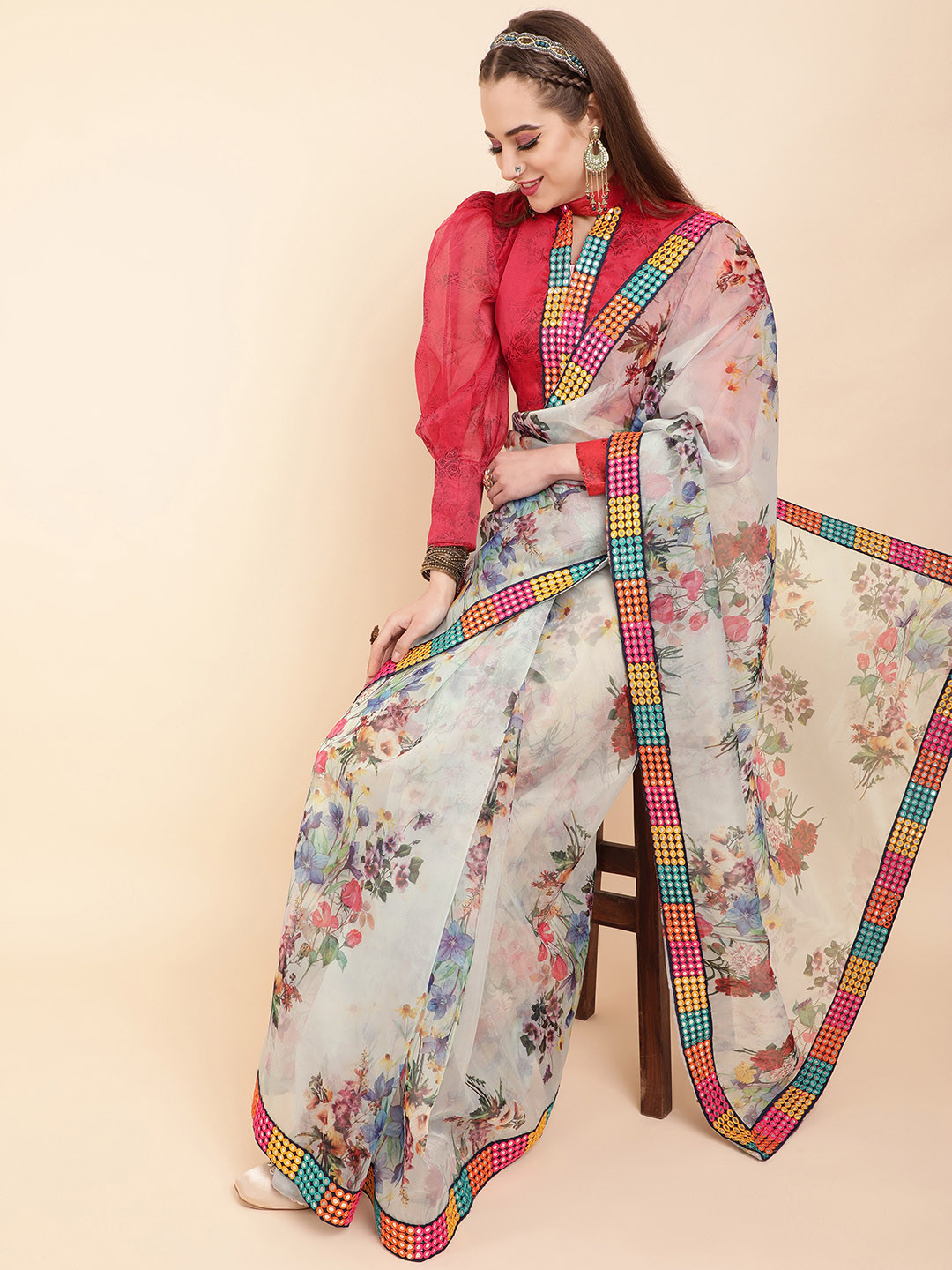 Sangria Off White & Pink Floral Mirror Work Organza Saree