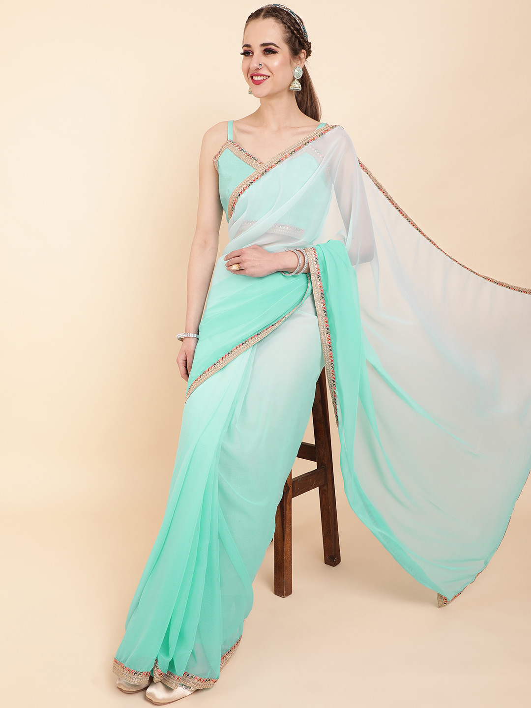 Sangria Turquoise Blue & Gold-Toned Ombre Pure Georgette Saree