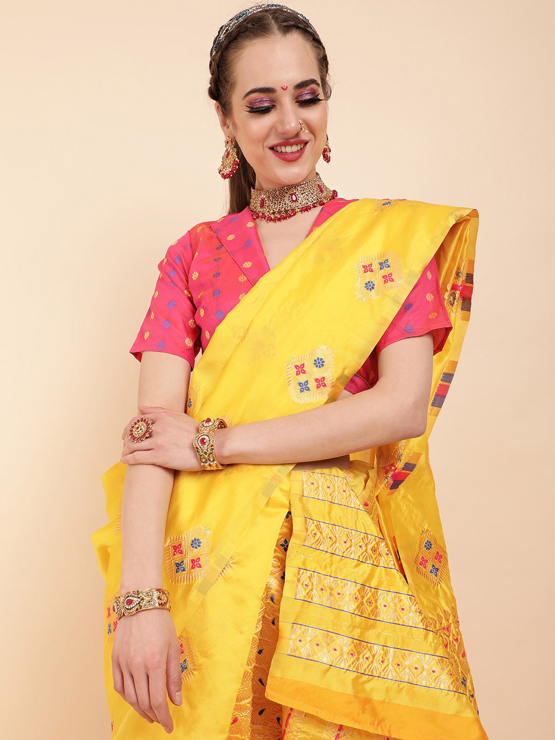 Sangria Yellow Woven Design Zari Silk Blend Assamese Mekhela Chador