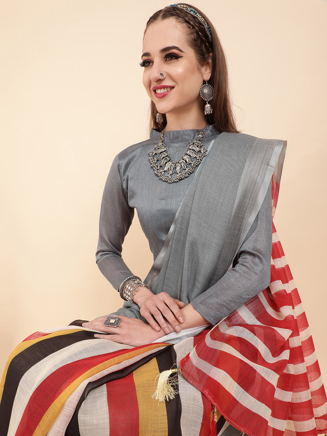Sangria Multicoloured Striped Pure Linen Half and Half Saree
