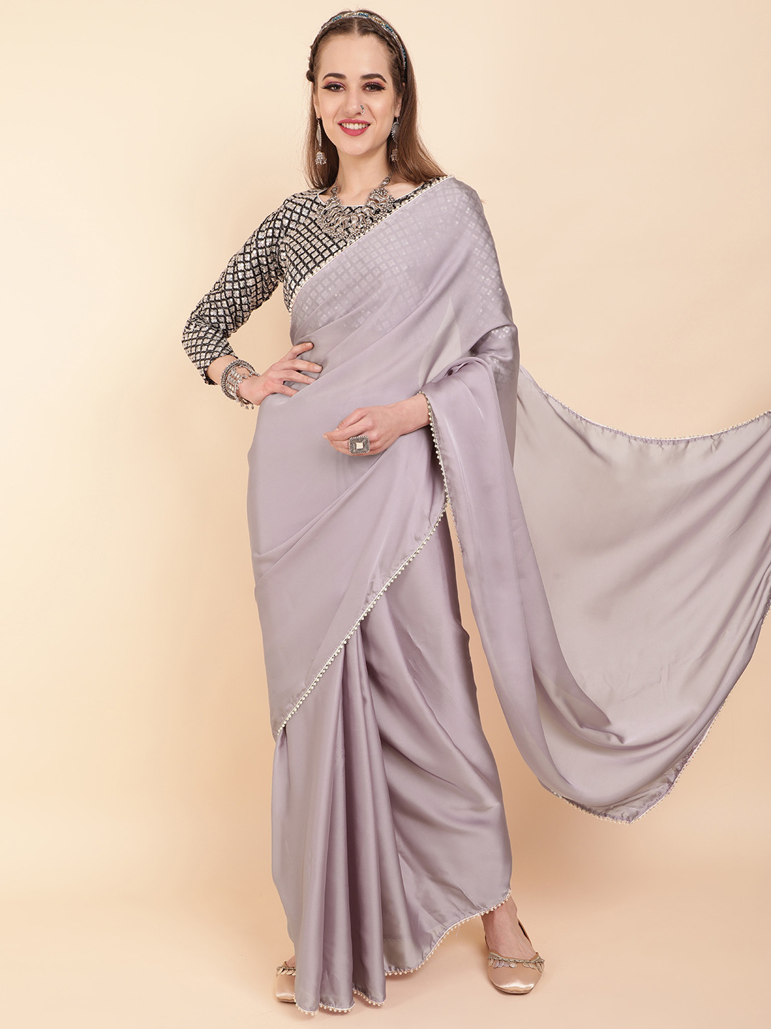 Sangria Grey Beads & Stones Satin Saree