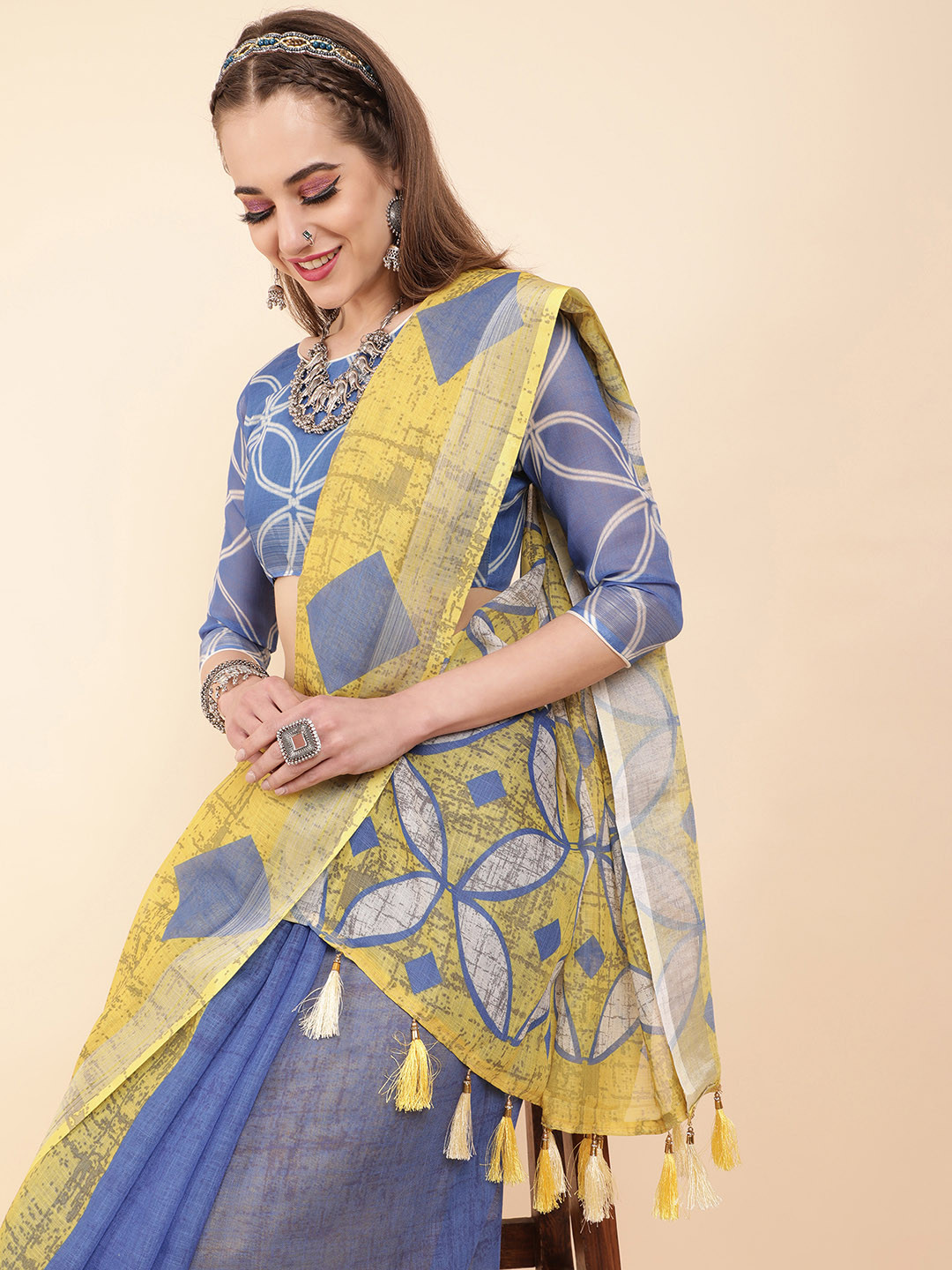 Sangria Blue & Yellow Pure Linen Saree