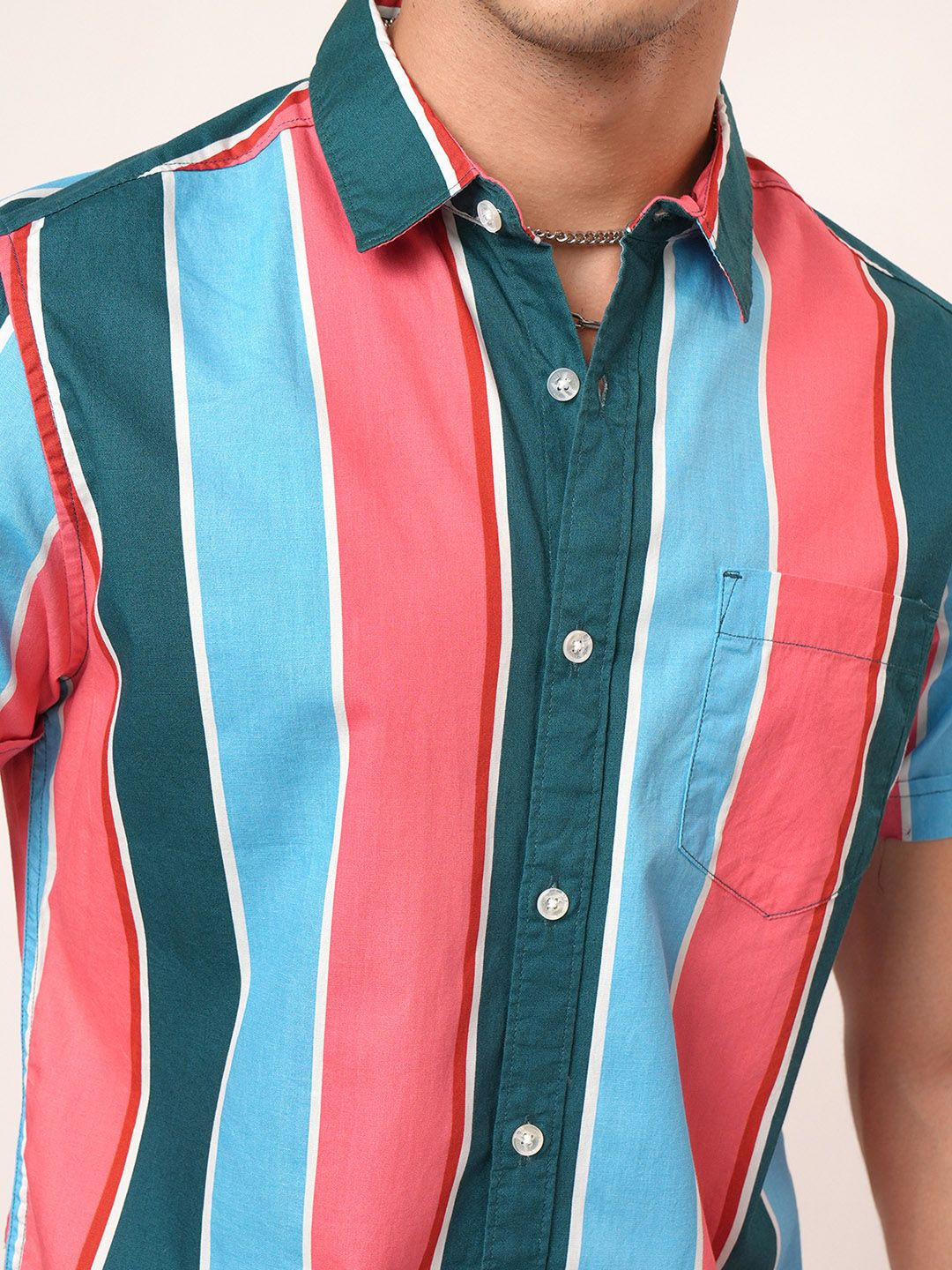 HIGHLANDER Men Pink & Blue Slim Fit Multi Stripes Striped Cotton Casual Shirt