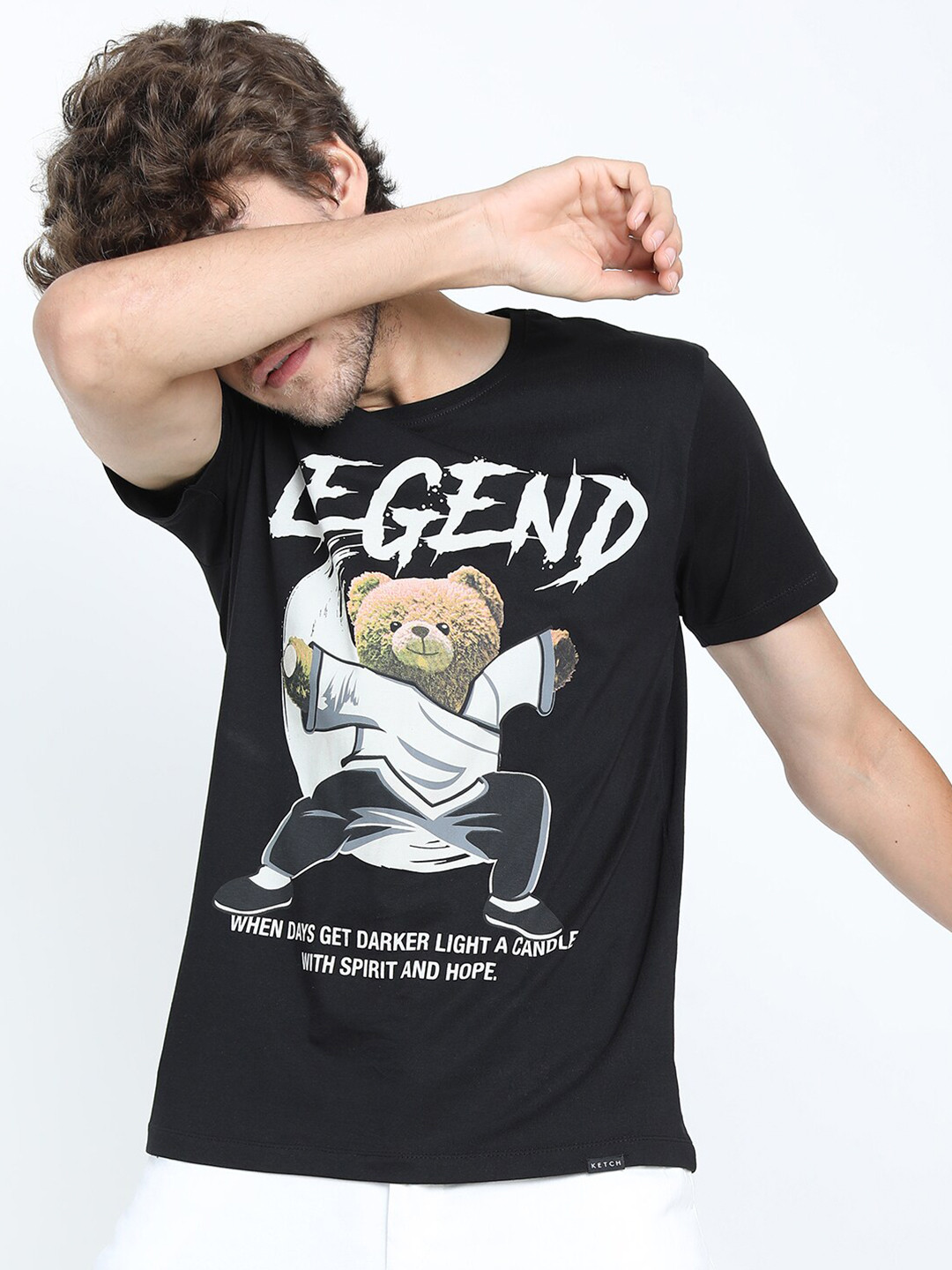 KETCH Men Black Typography Printed Slim Fit Cotton T-shirt