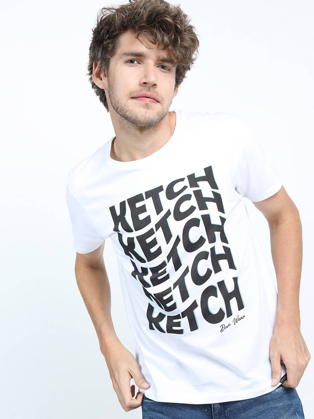 KETCH Men White & Black Typography Printed Slim Fit Cotton T-shirt