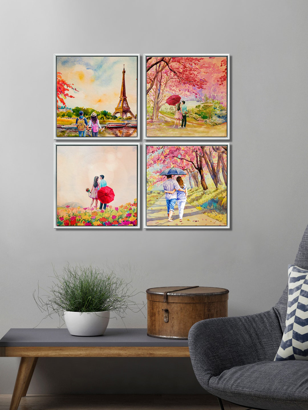 999Store Set Of 4 Pink & Blue Valentine Love Eiffel Tower Framed Wall Arts