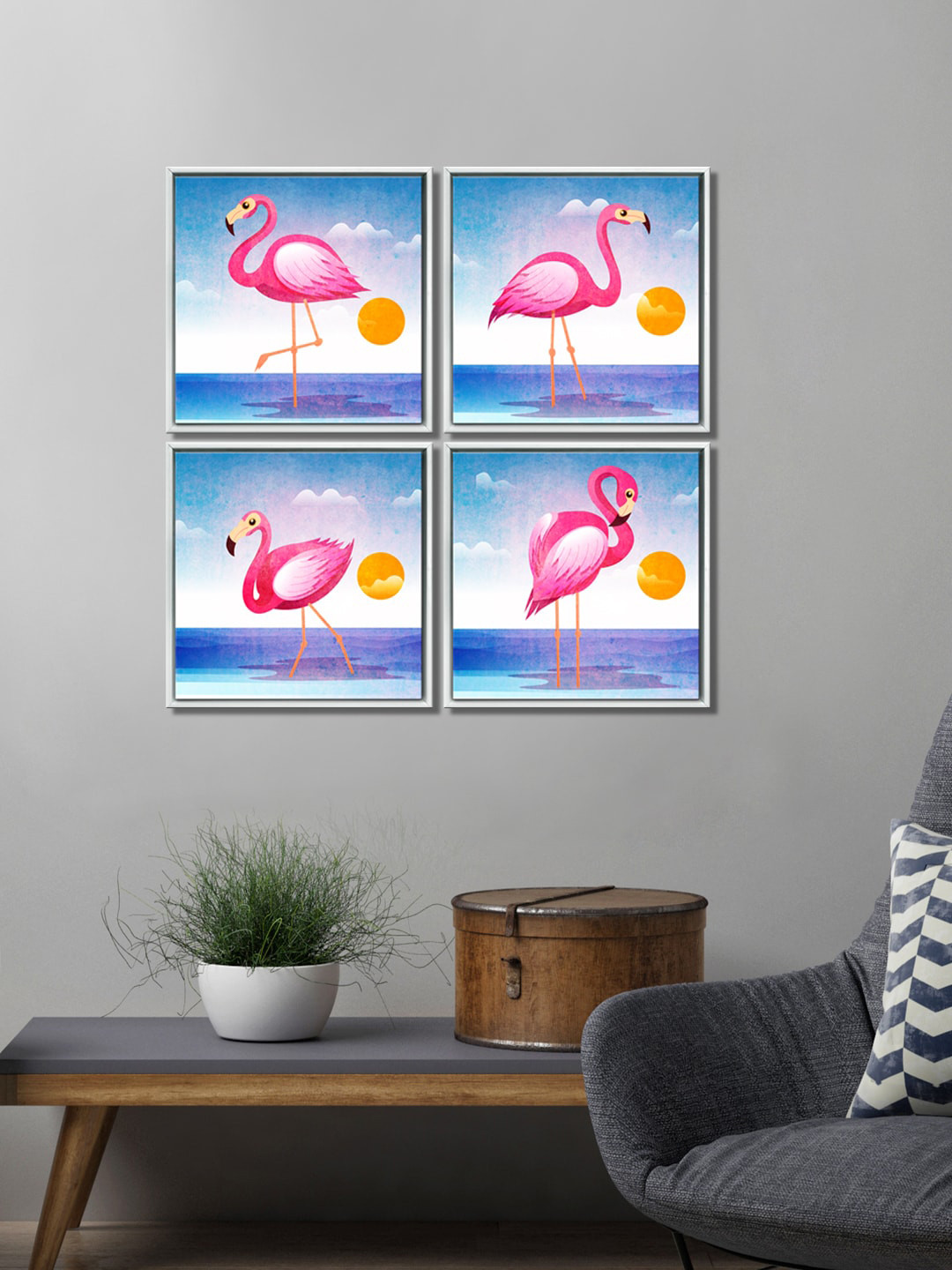 999Store Set of 4 Blue & Pink Flamingo Wall Painting