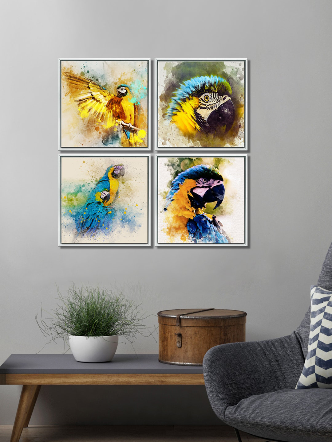 999Store Set Of 4 Blue & Yellow Colourful Parrots Canvas Painting Wall Art