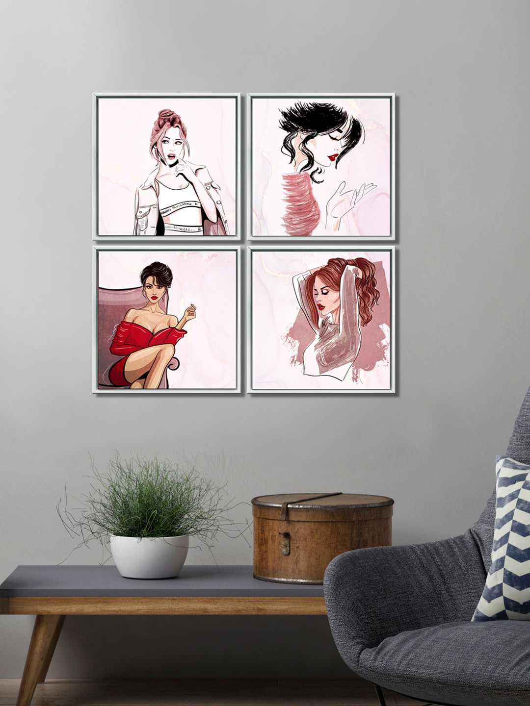 999Store Set Of 4 Pink & Red Modern Girls Printed Canvas Wall Painting