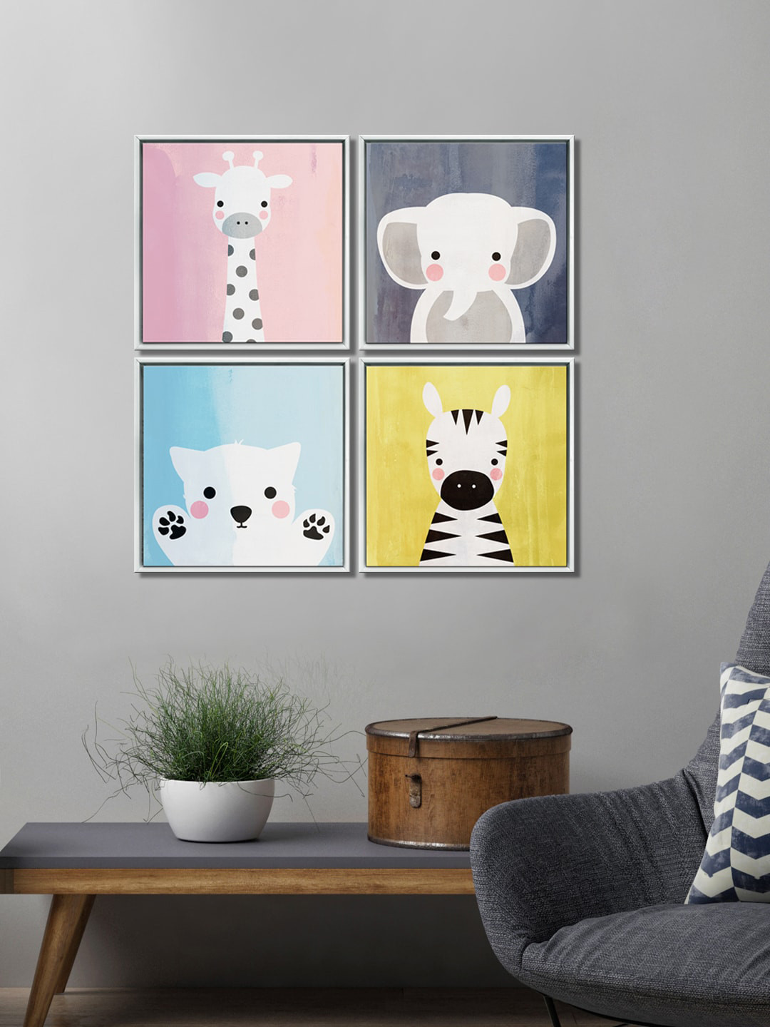 999Store Set of 4 Multi-Coloured Animals Cartoon Canvas Painting Kids Room Wall Art