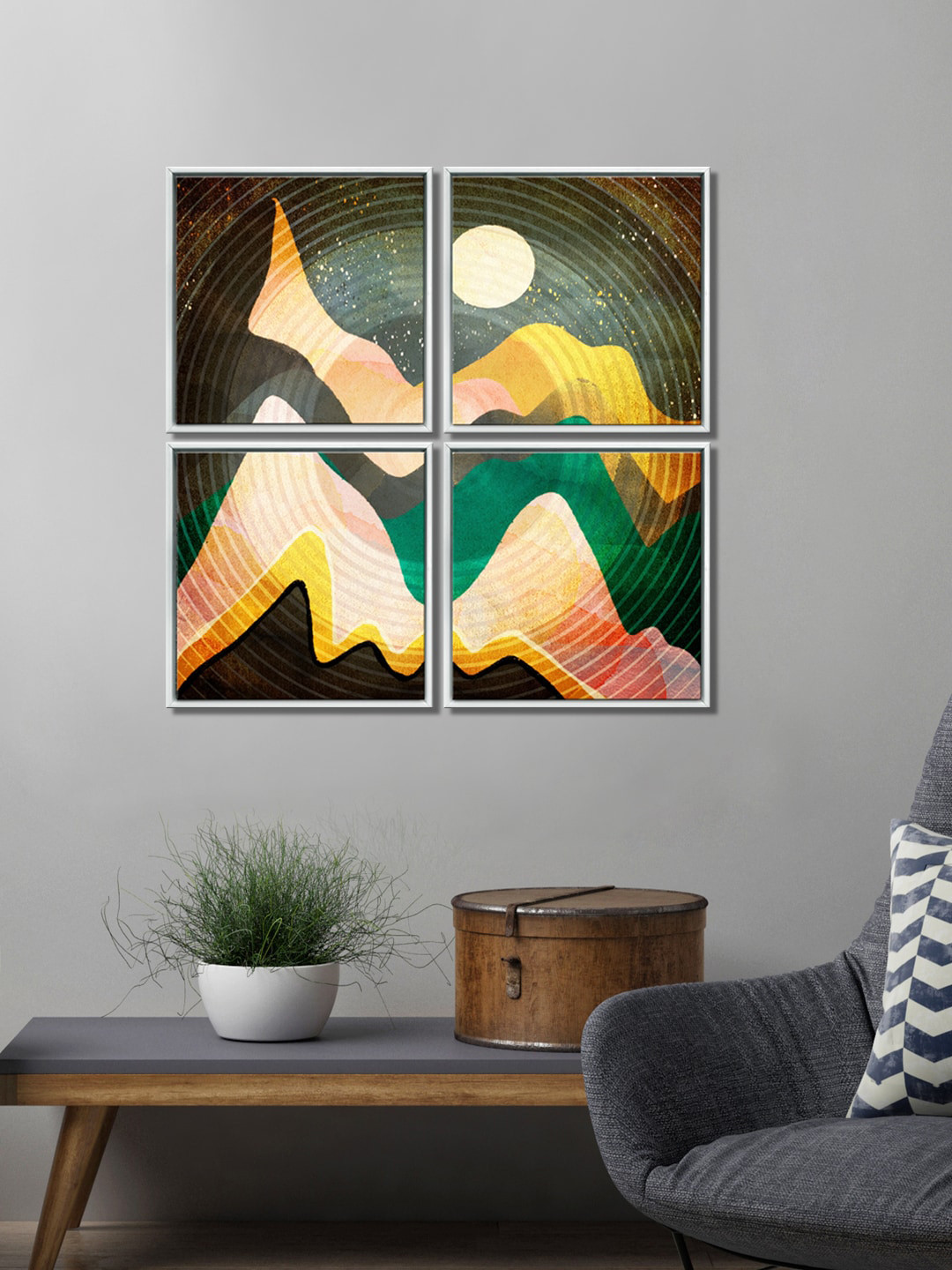 999Store Set Of 4 Multi-Coloured Mountain With Moon Wall Art
