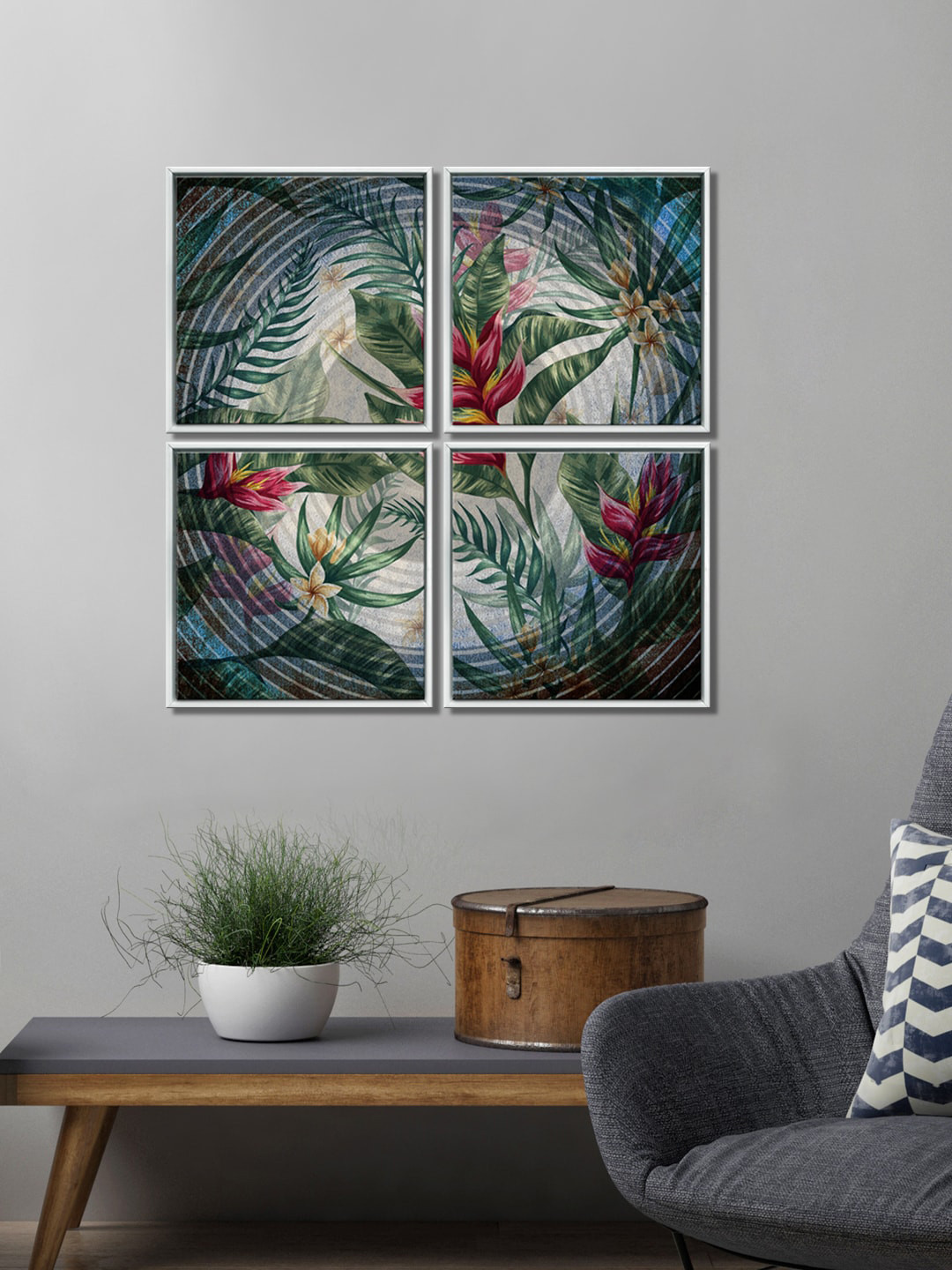 999Store Flower Grey Canvas 4 Pcs Wall Living Room Square Paintings Wall Art -27 x 27In