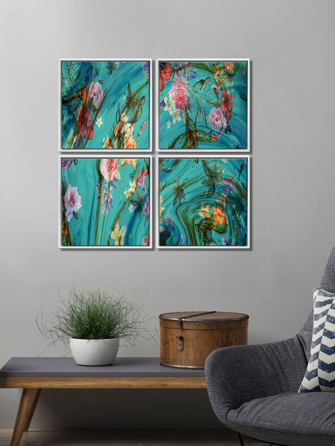 999Store Set Of 4 Sea Green & Pink Wall Art Mountain Sun Framed Wall Art