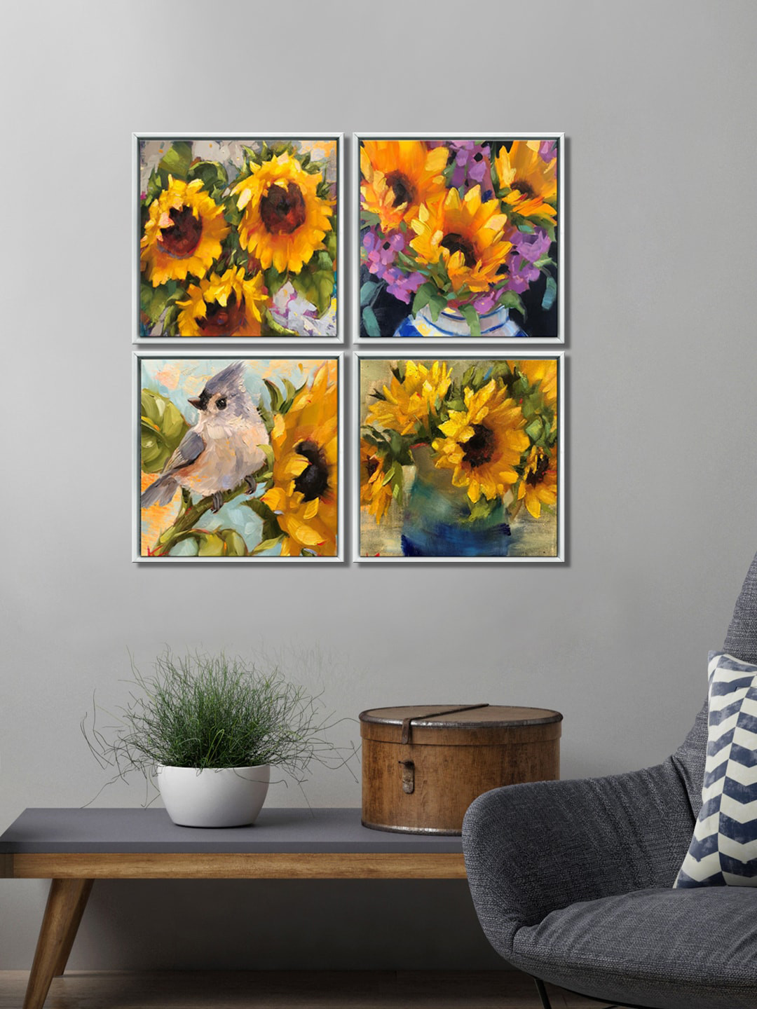 999Store Sun Flowers Bird Canvas 4 Piece Wall Square Paintings Wall Art - 13 x 13 In
