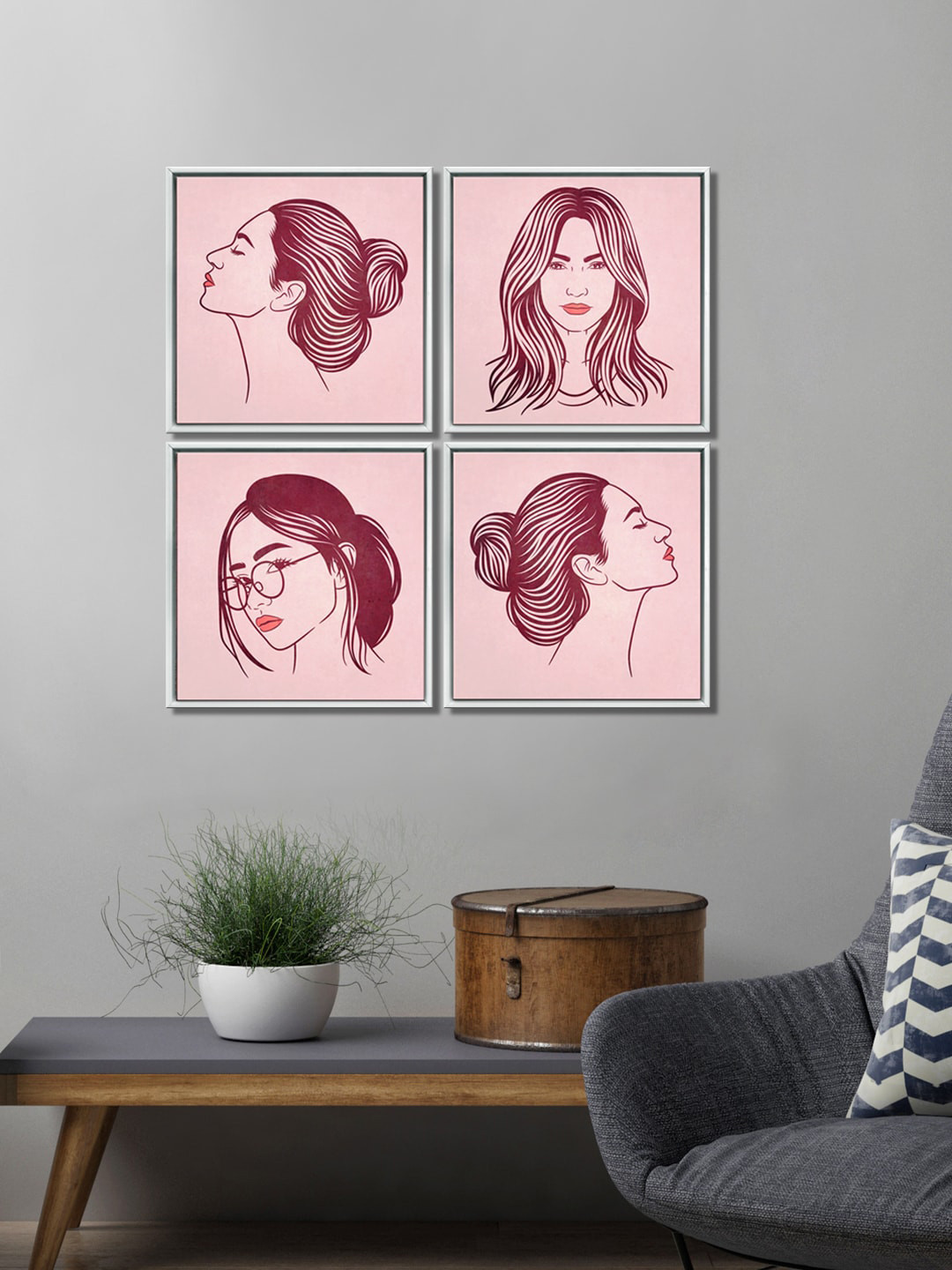 999Store Pink Canvas 4 Pcs Wall Living Room Square Potrait Paintings Wall Art -13 x 13In