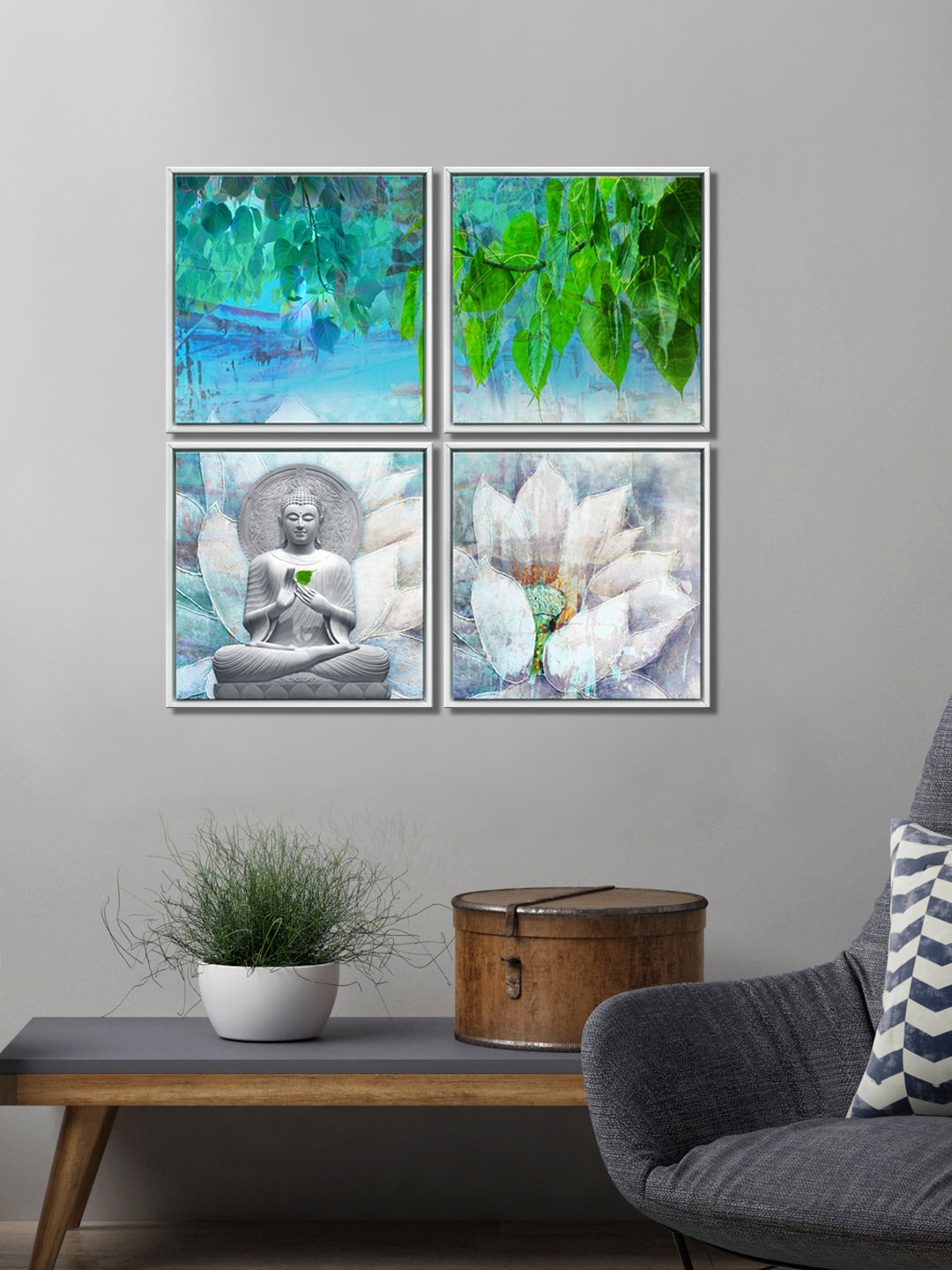 999Store Set of 4 Grey & Green Sitting Lord Buddha Under The Tree  Wall Art