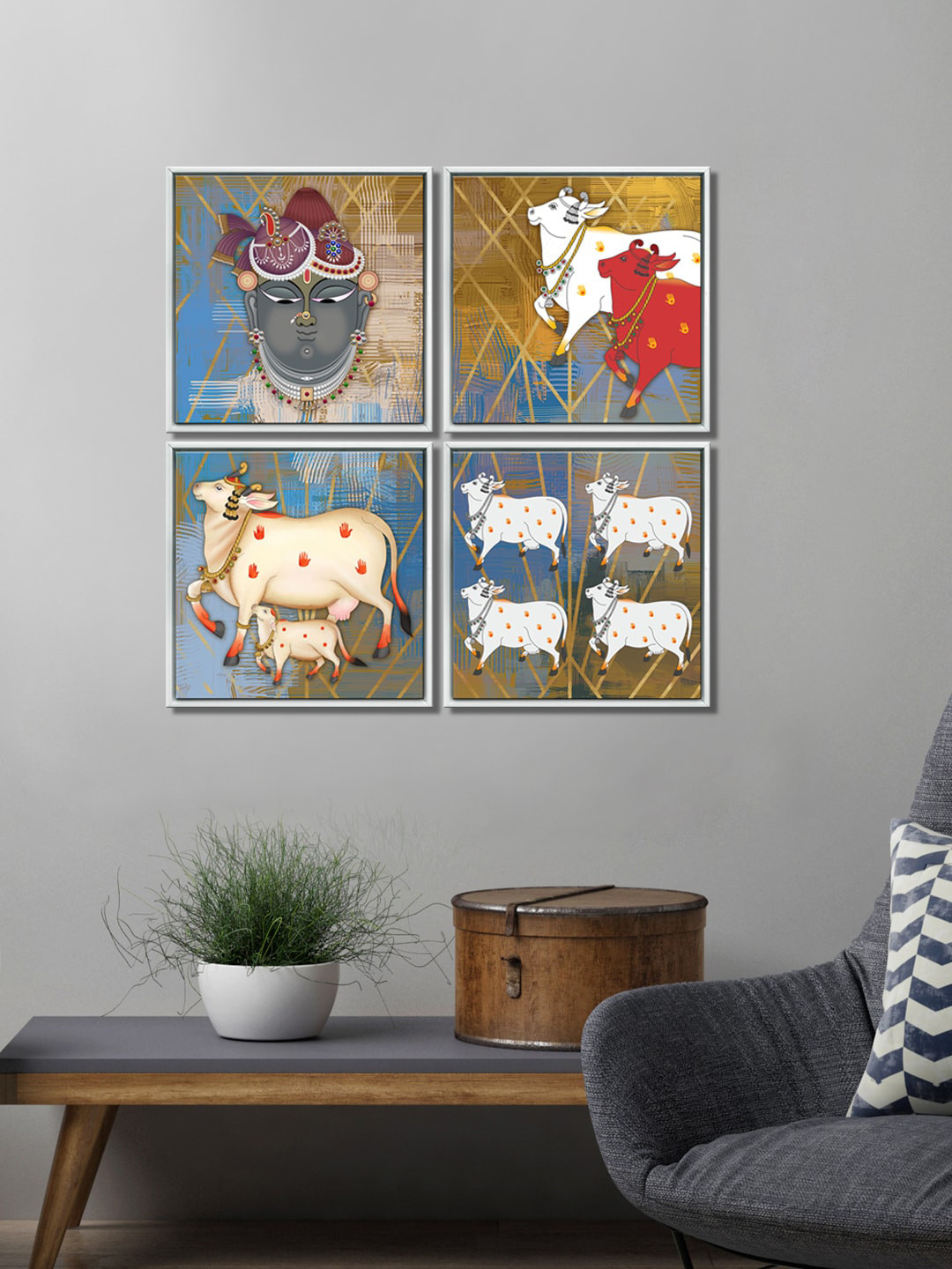 999Store Nandi cow Canvas 4 Piece Wall Square Paintings Wall Art - 13 x 13 In