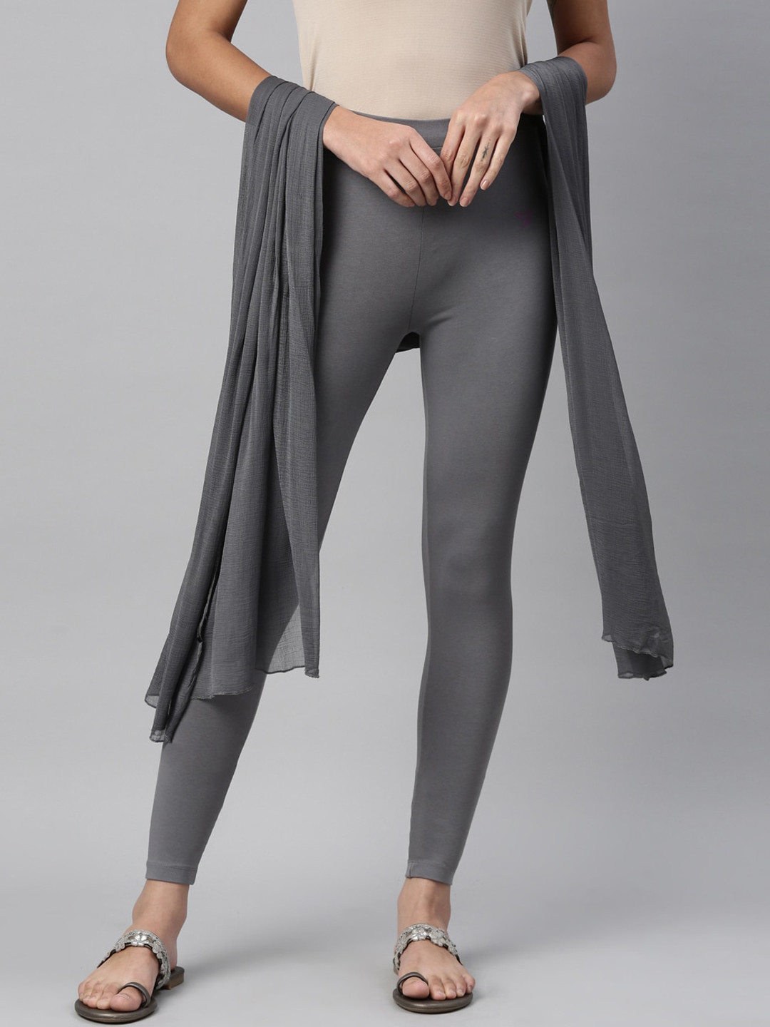 TWIN BIRDS Women Grey Solid Ankle-Length Leggings with Matching Shawl