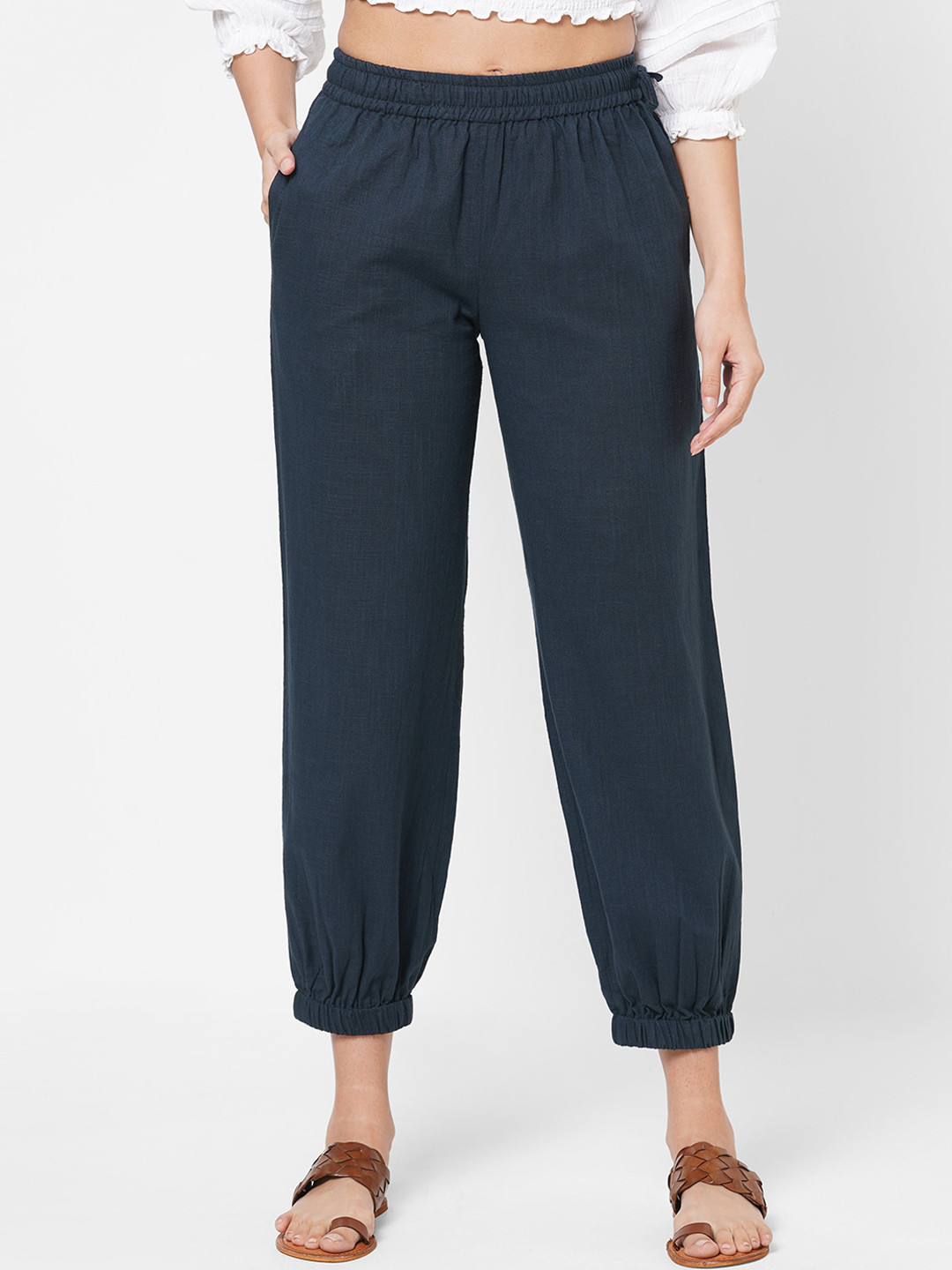 KAMI KUBI Women Navy Blue Solid Pure Cotton Loose-Fit Harem Pants