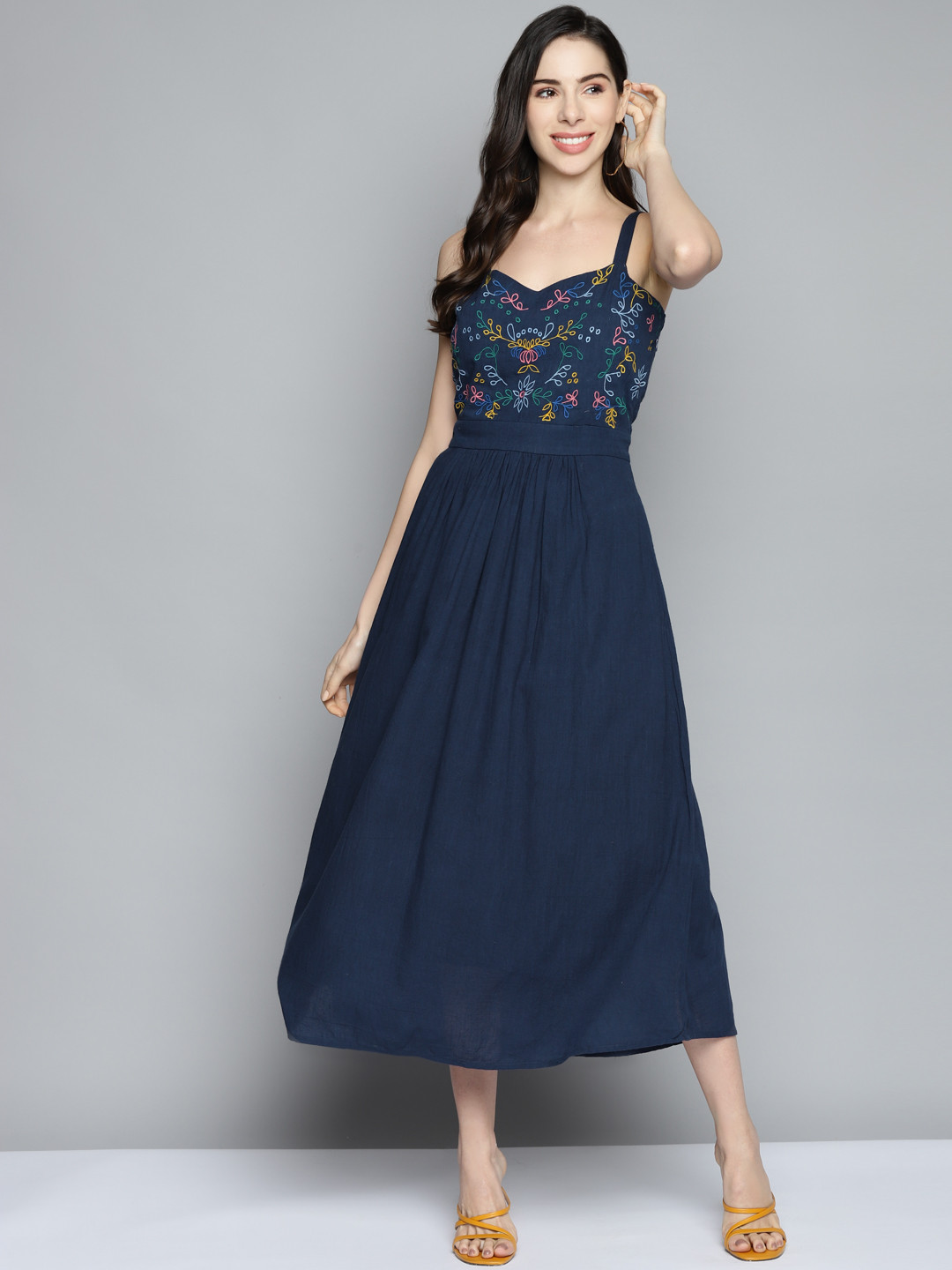 SCOUP Navy Blue & Peach-Coloured Ethnic Motifs Embroidered Detail A-Line Midi Dress