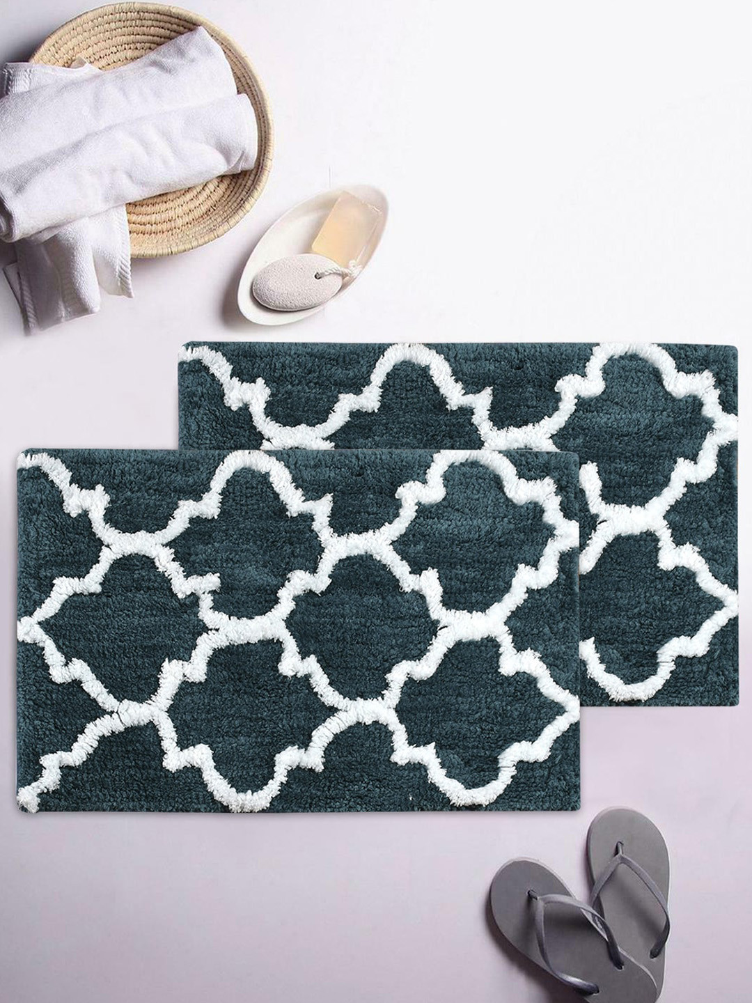 AEROHAVEN Set Of 2 Teal & White Printed 1850 GSM Bath Rugs