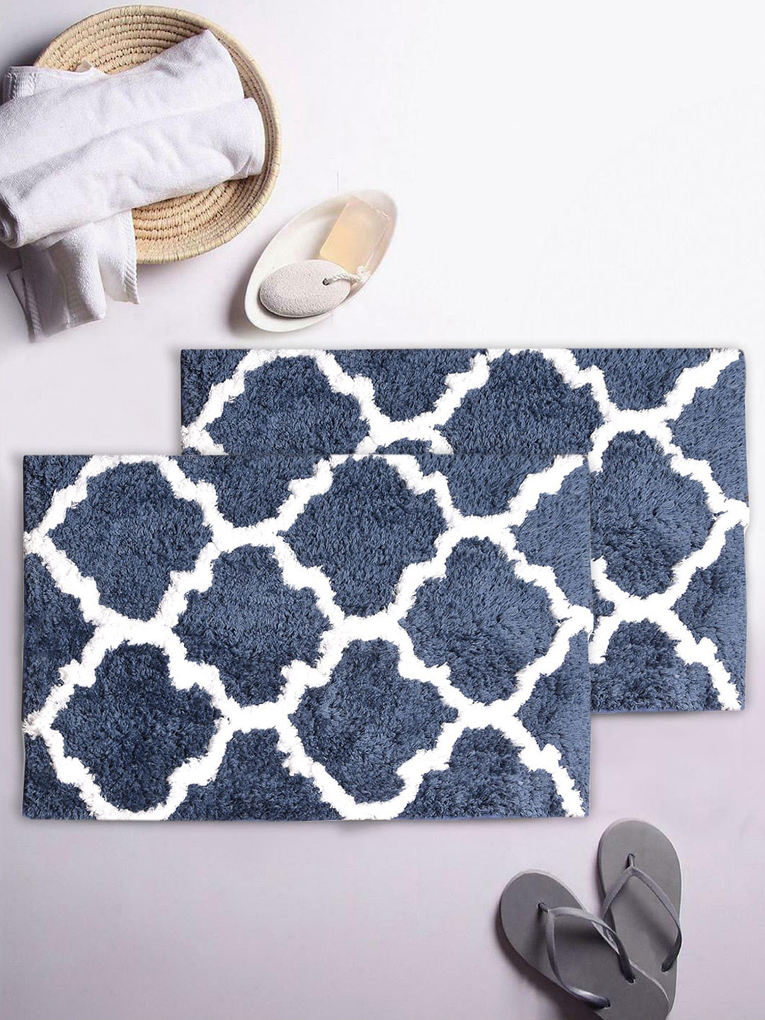 AEROHAVEN Navy Blue Set Of 2 Printed 1850 GSM Bath Rugs