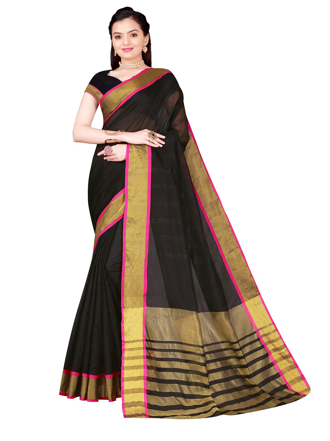 KALINI Black & Pink Zari Cotton Silk Saree