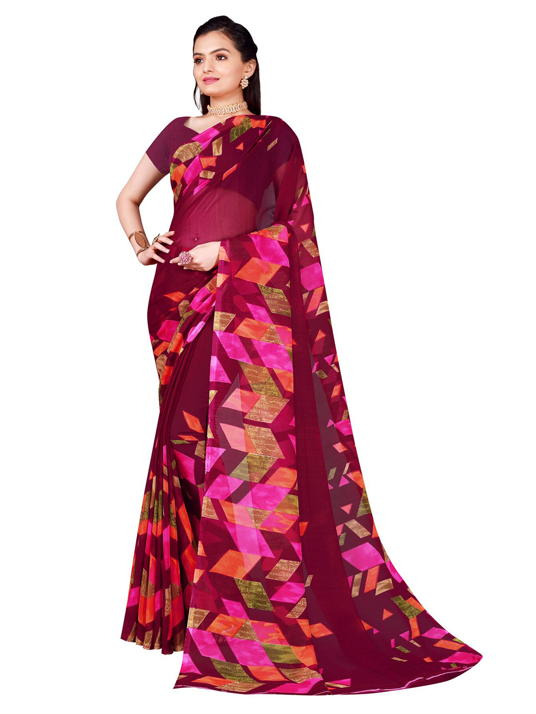 KALINI Maroon & Pink Printed Georgette Saree