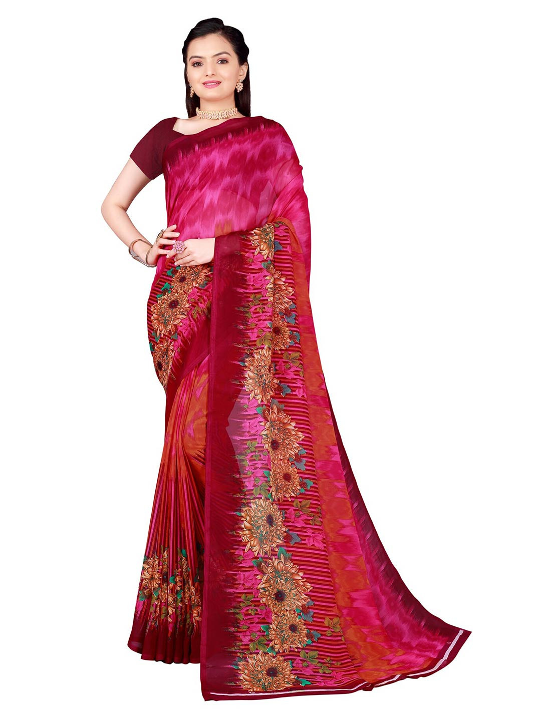 KALINI Pink & Orange Floral Pure Georgette Saree