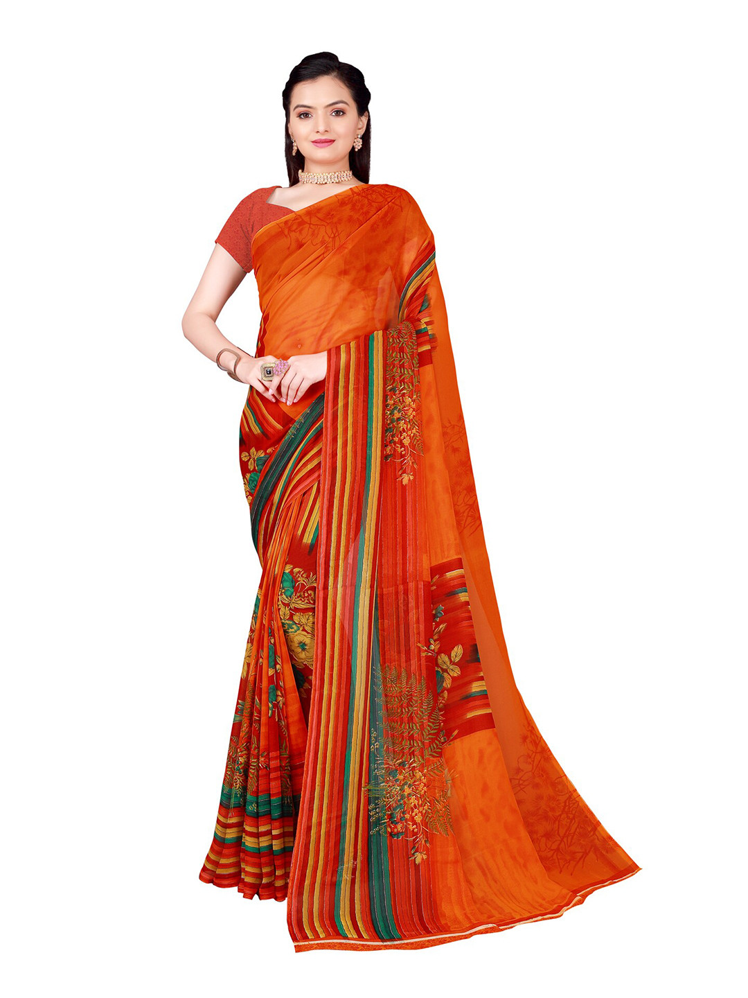 KALINI Orange & Yellow Floral Georgette Saree