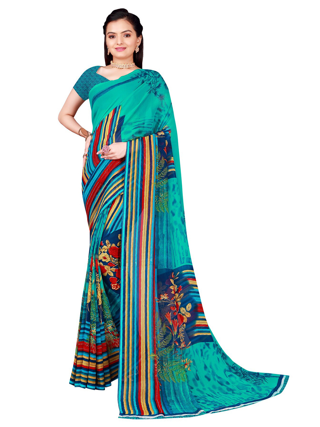 KALINI Teal & Red Floral Pure Georgette Saree