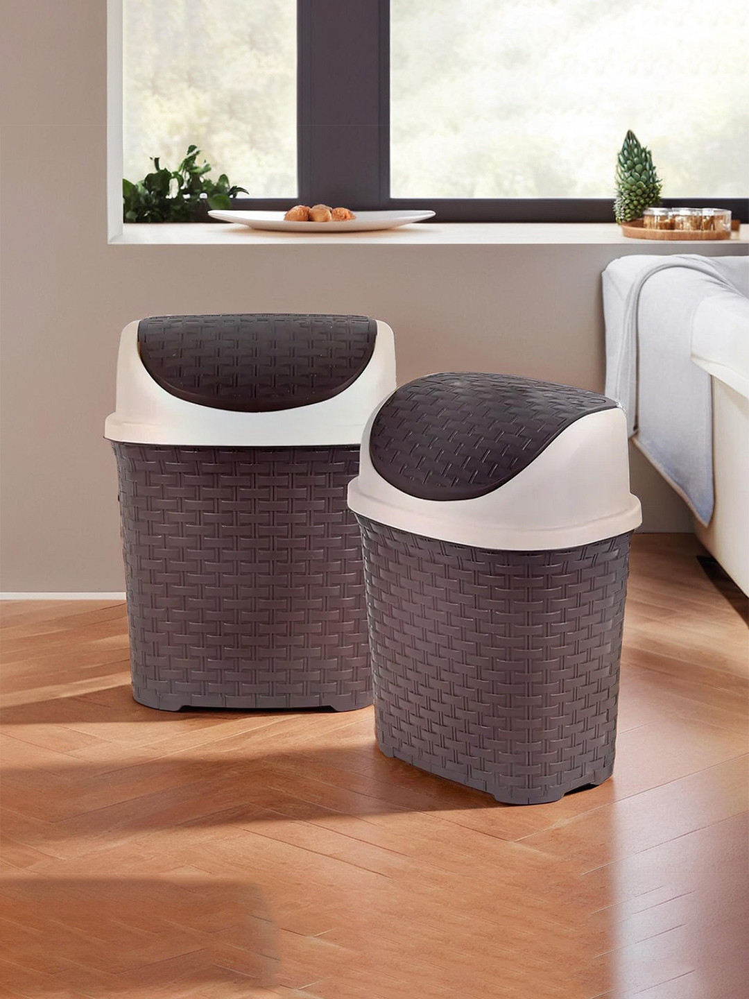 Kuber Industries Set of 2 Brown & Beige Woven Design Dust Bins With Swing Lid - 7 L Each