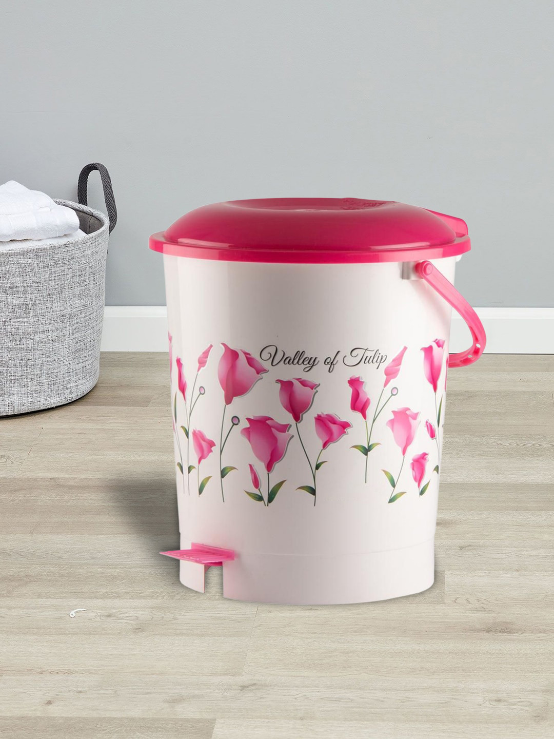 Kuber Industries Pink & White Printed Dustbin With Handle