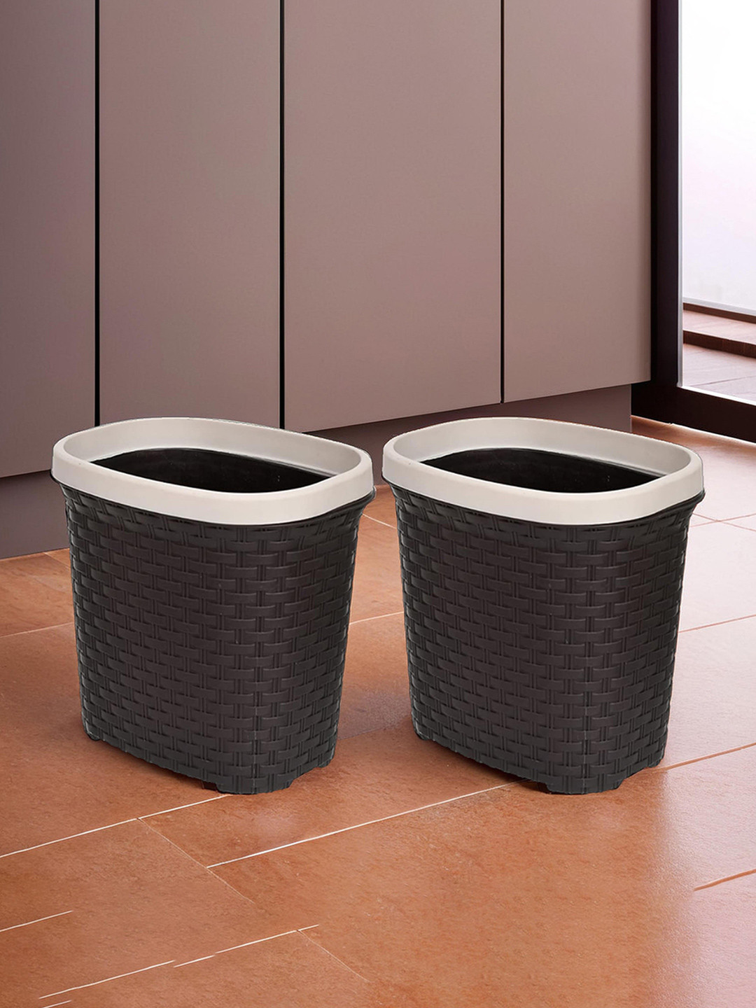 Kuber Industries Set of 2 Brown & Cream Plastic Open Dustbin