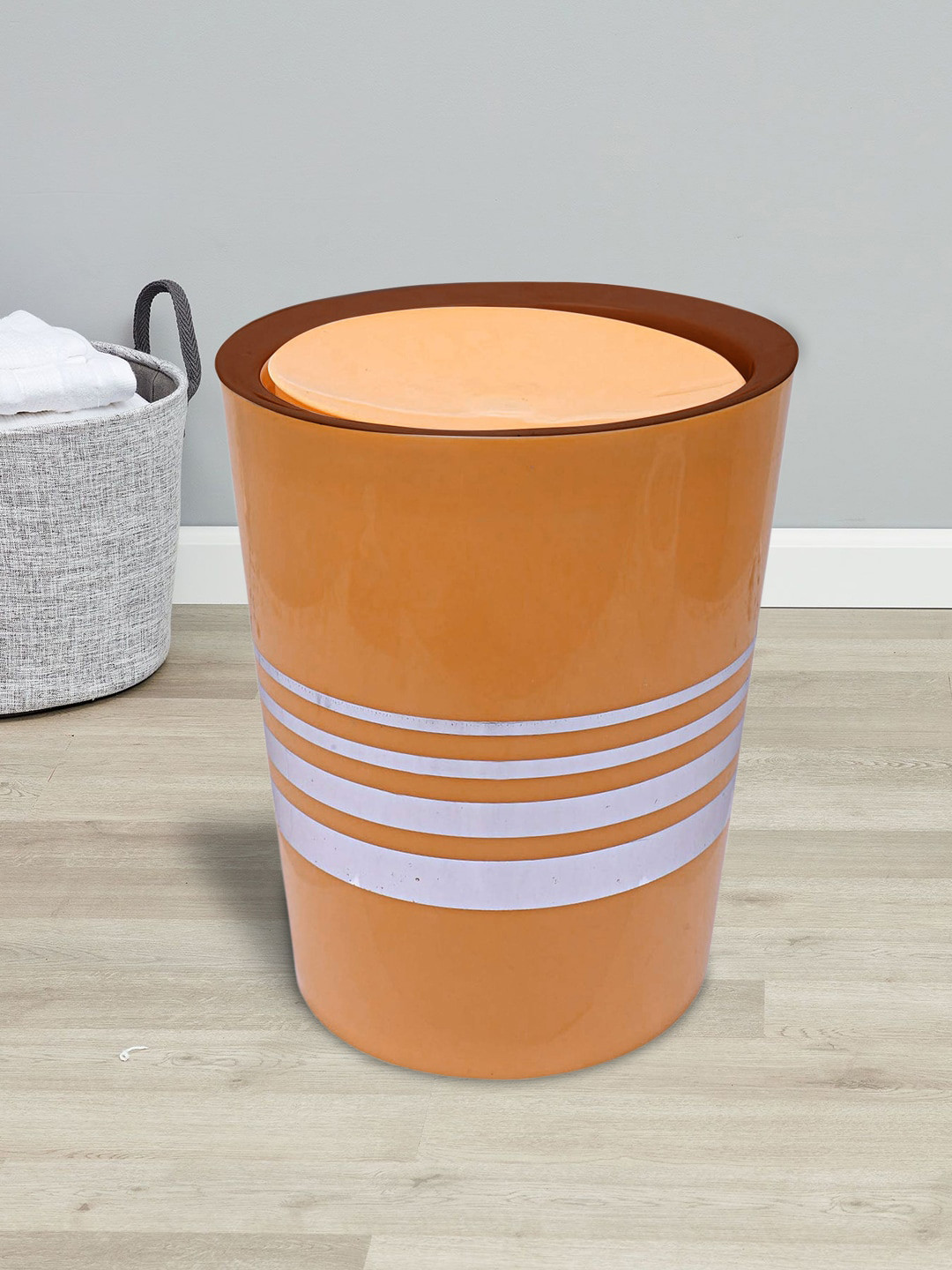 Kuber Industries Set Of 2 Yellow & White Striped 7L Dustbin With Swing Lid