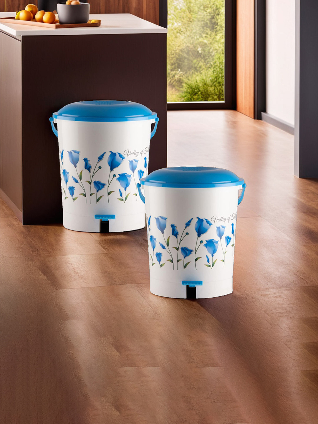 Kuber Industries Set Of 2 Blue & White Floral Printed Plastic Pedal Dustbin With Handle