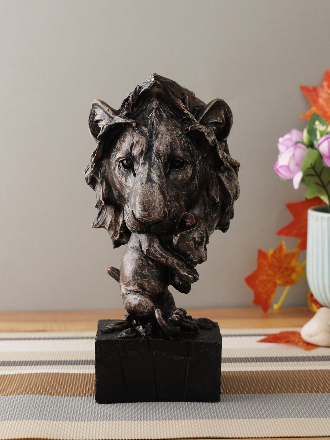 CraftVatika Lion Head with Baby Multicoloured Resin Natural Living Room Large Showpiece - 4.3 Inches