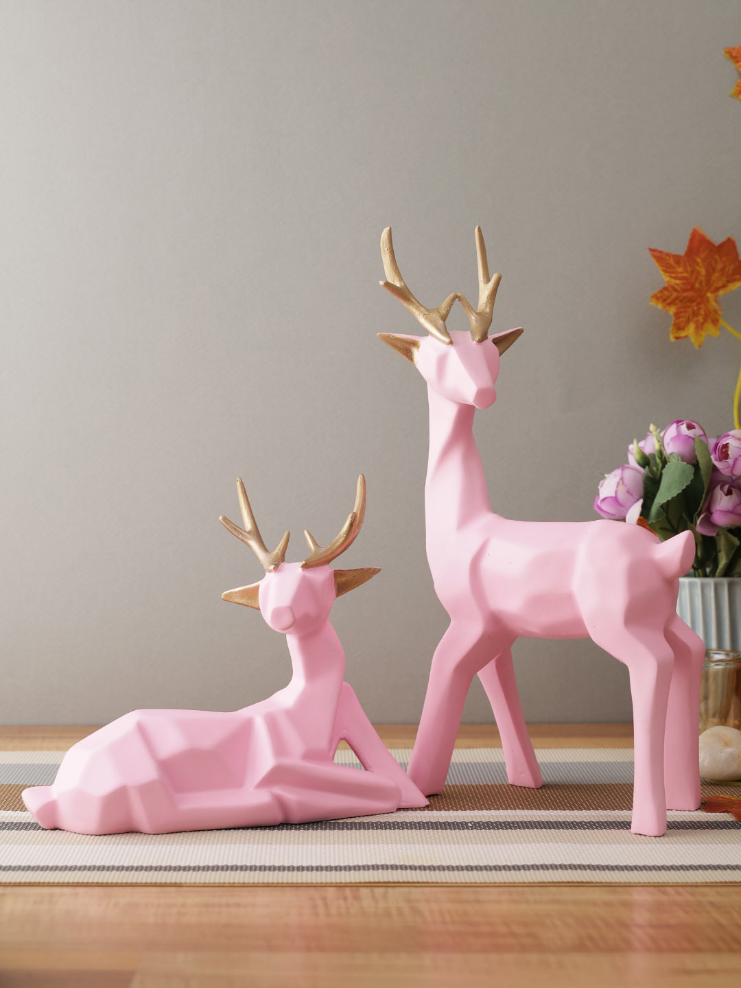 CraftVatika Reindeer Couple Pink Polyresin Glossy Living Room Set of 2 Large Showpieces - 2.5 Inches