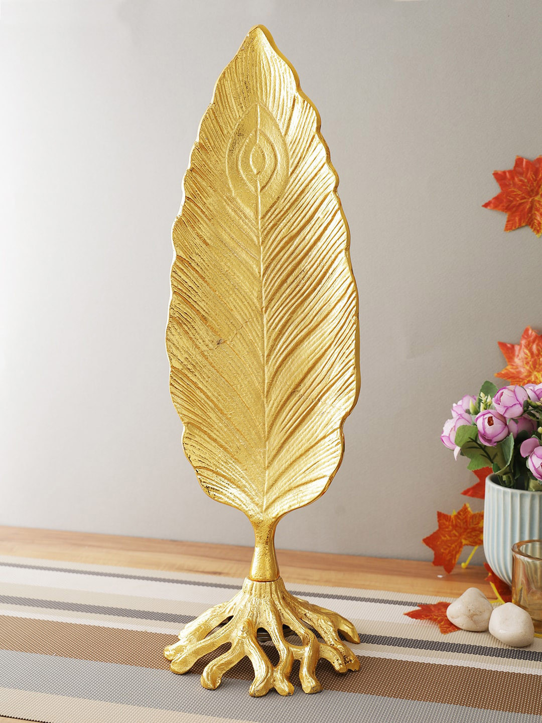CraftVatika Leaf Gold Metal Metallic Living Room Large Showpiece - 18.5 Inches