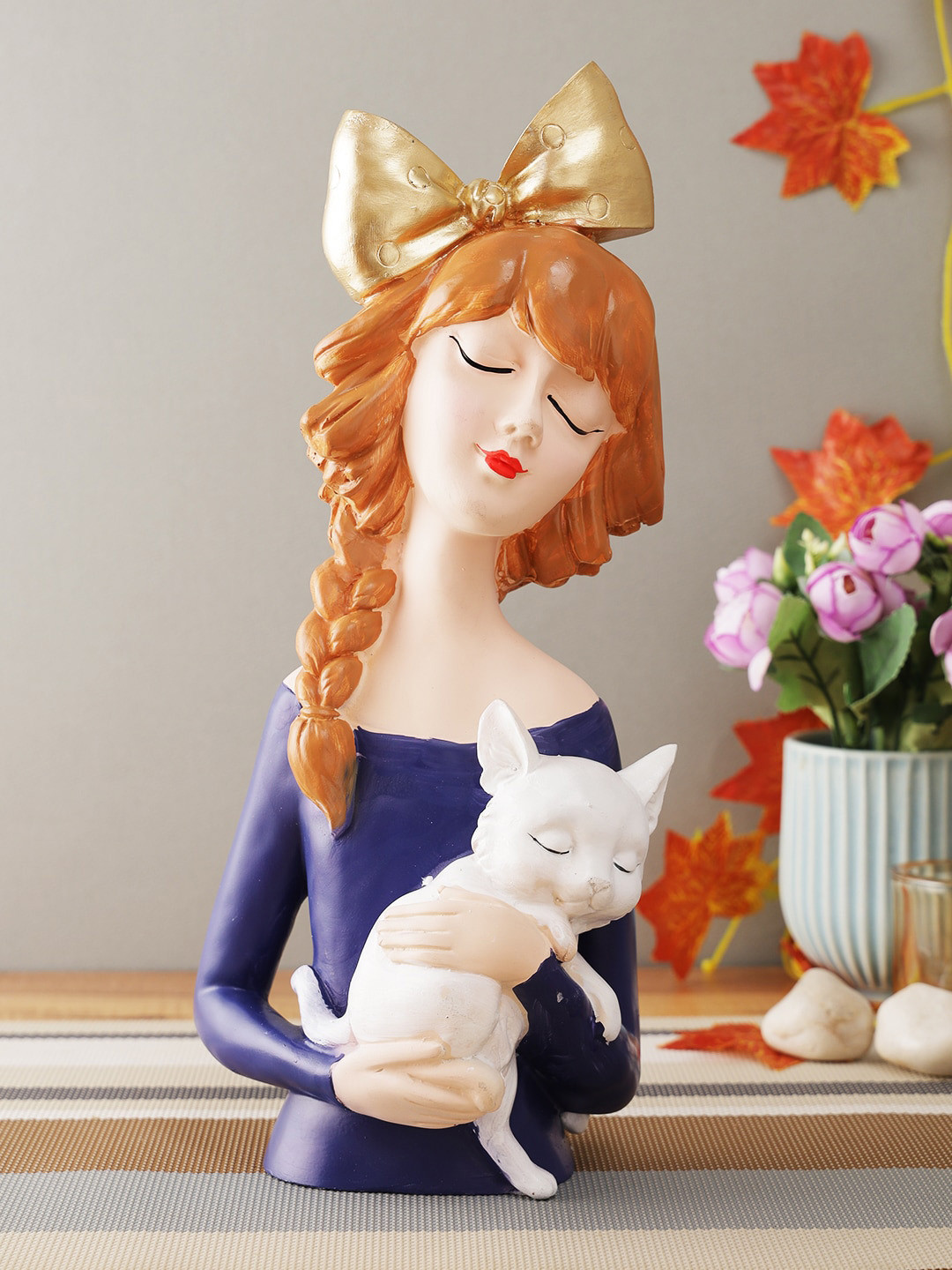 CraftVatika Bowknot Lady with Cat Blue Polyresin Matte Home Office Large Showpiece - 13 Inches
