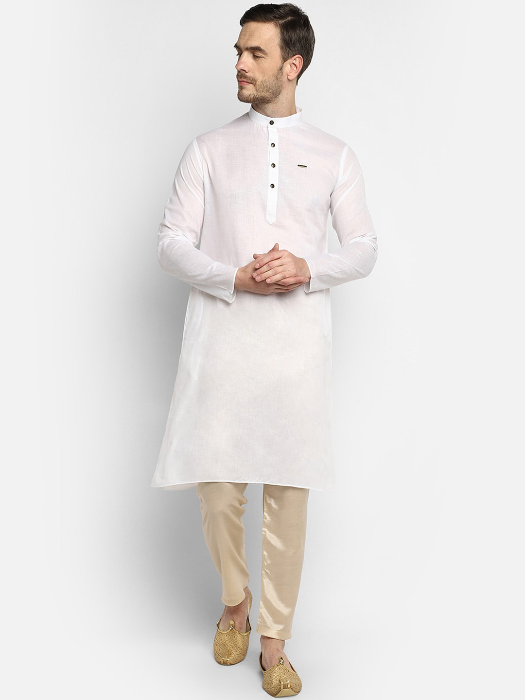 DEVOILER Men White Angrakha Kurta with Pyjamas