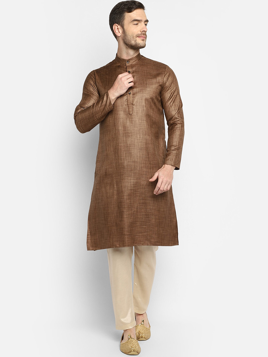 DEVOILER Men Brown Embroidered Angrakha Kurta with Pyjamas