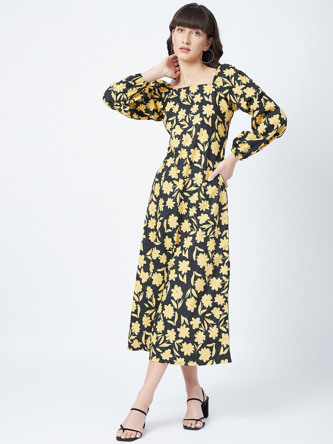DELAN Black & Yellow Floral A-Line Midi Dress