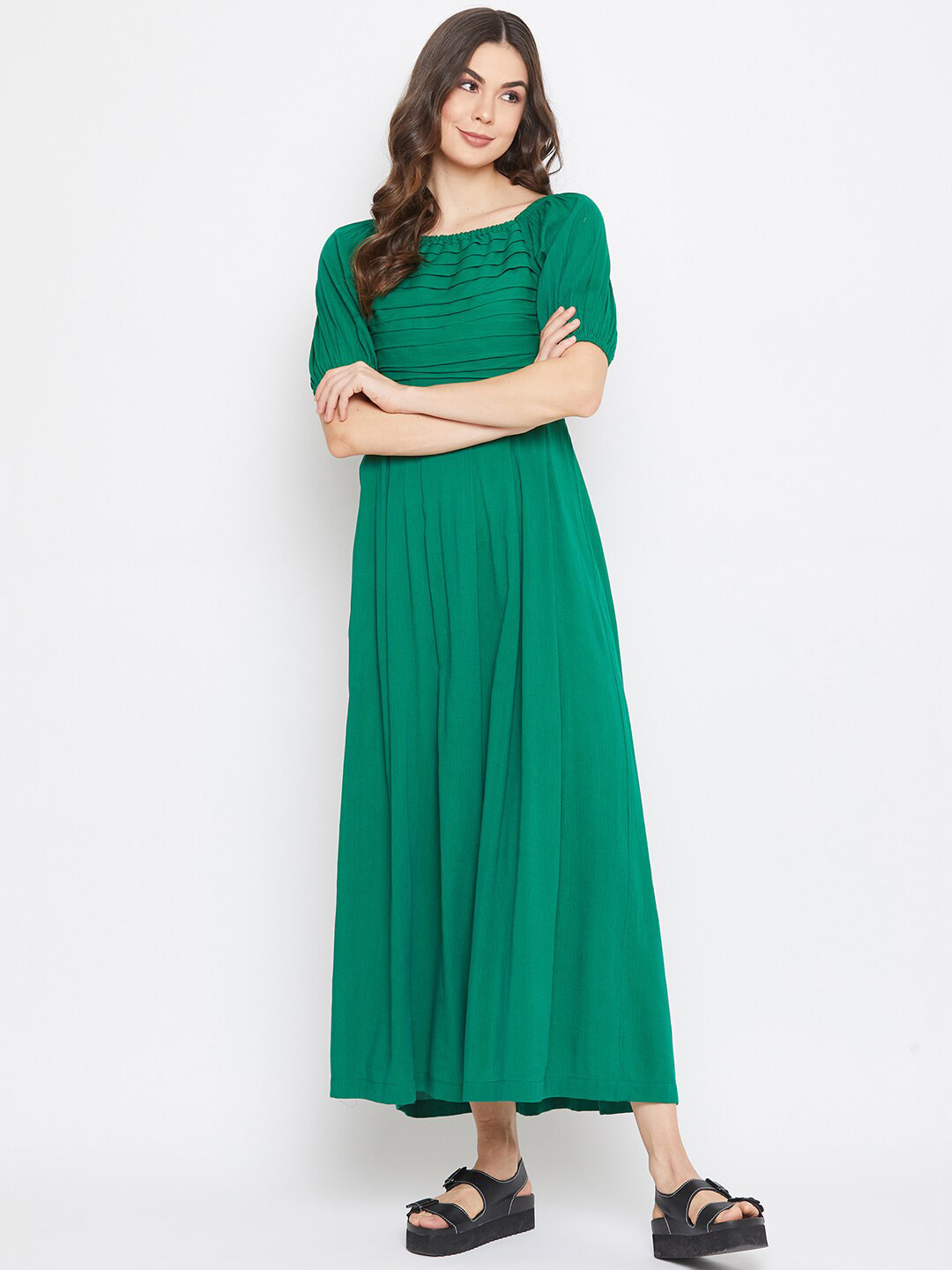DELAN Green Maxi Pleated Dress