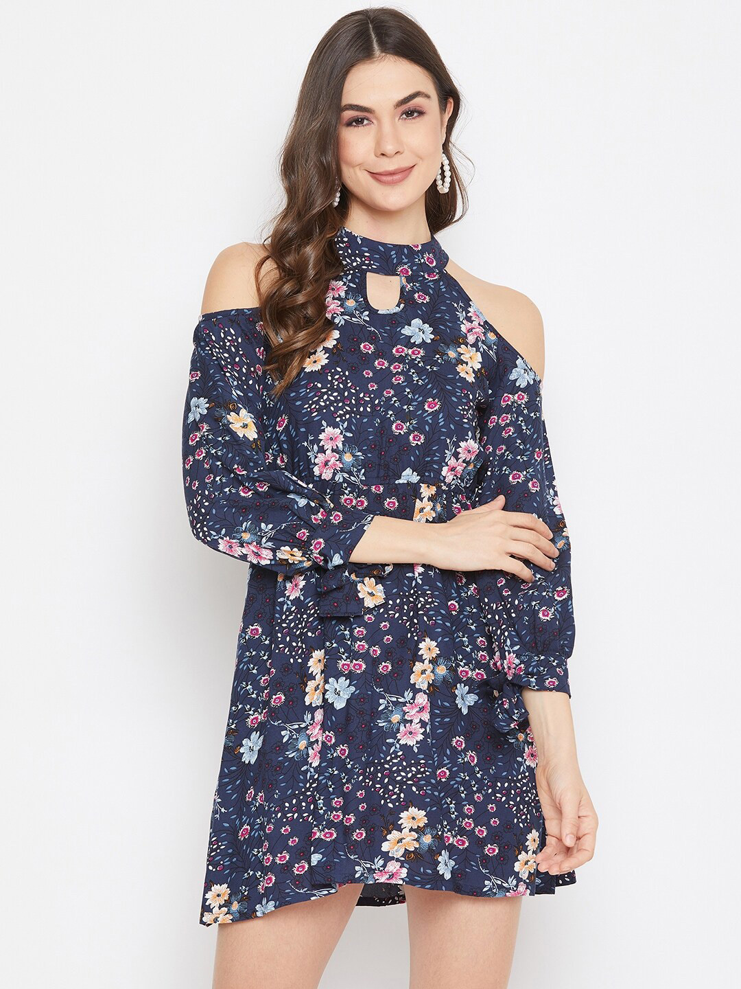 DELAN Women Navy Blue Floral Printed A-Line Cotton Mini Dress