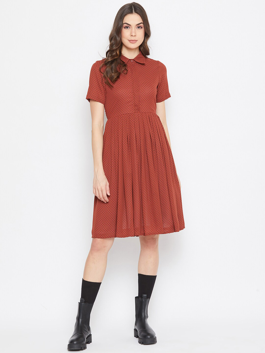 DELAN Brown Polka Dot Printed Fit & Flare Pleated Dress