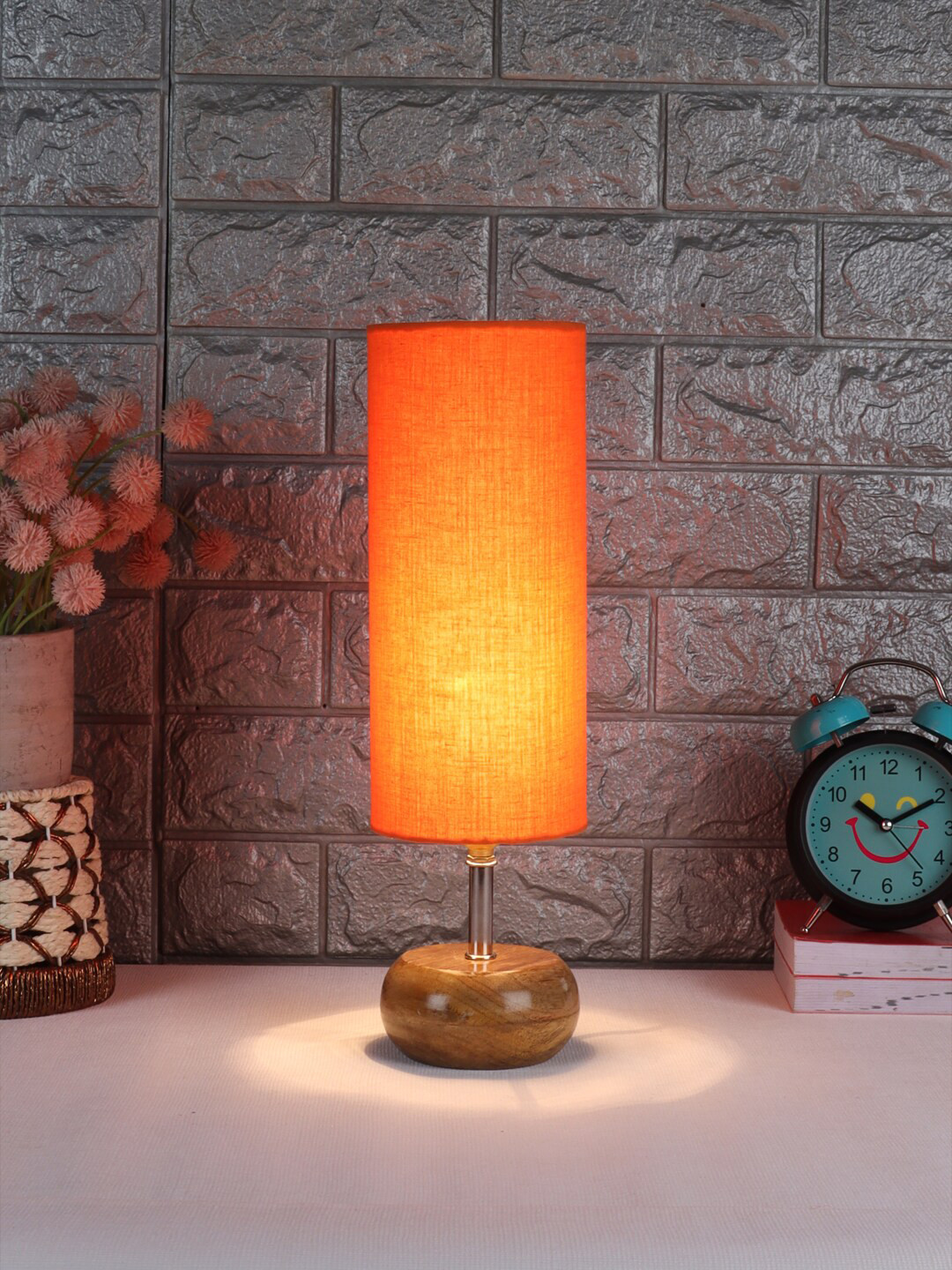 Devansh Orange & Tan Brown Solid Wooden Table Lamp with Cotton Shade