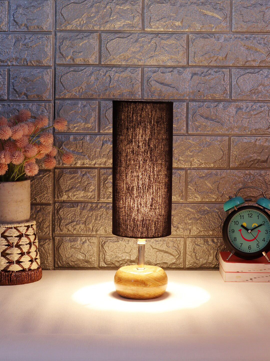 Devansh Black Wood Table Lamp with Cotton Shade